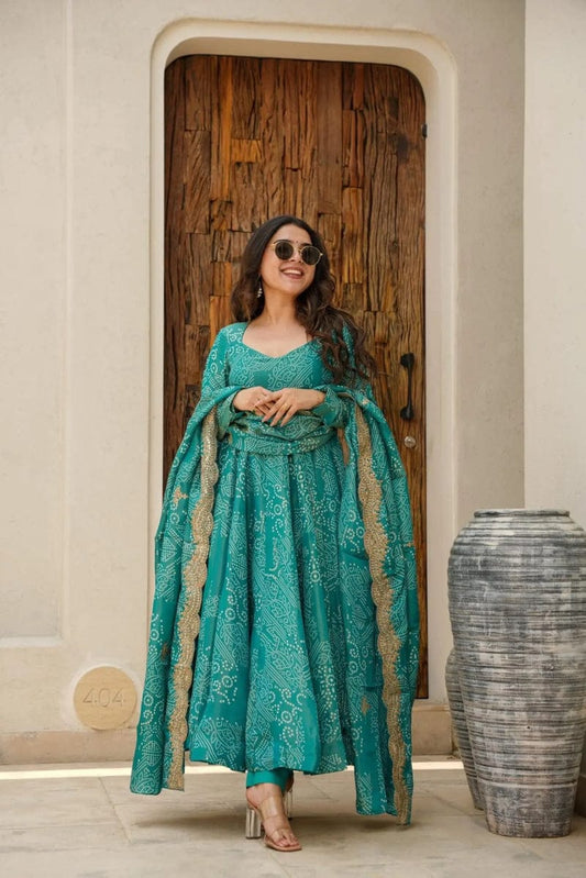 Cotton Bandhani Anarkali Kurti Set