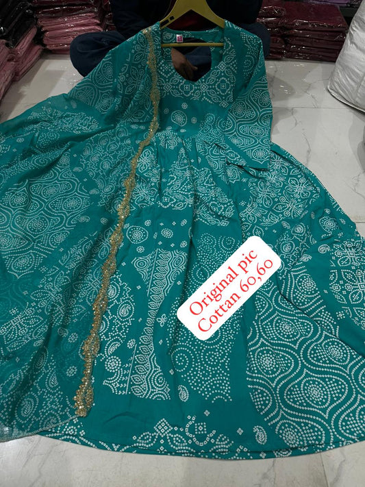 Cotton Bandhani Anarkali Kurti Set