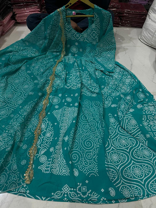 Cotton Bandhani Anarkali Kurti Set