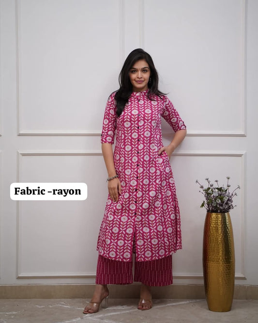 Printed Rayon Kurti with Pant Set