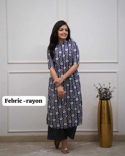 Printed Rayon Kurti with Pant Set