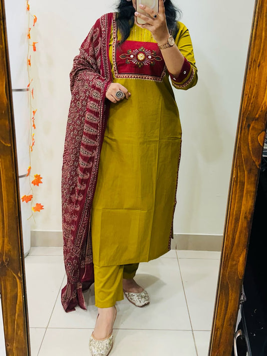 Elegant Cotton Kurta Set with Printed Dupatta