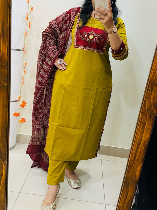 Elegant Cotton Kurta Set with Printed Dupatta