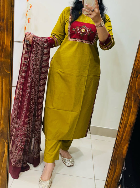 Elegant Cotton Kurta Set with Printed Dupatta