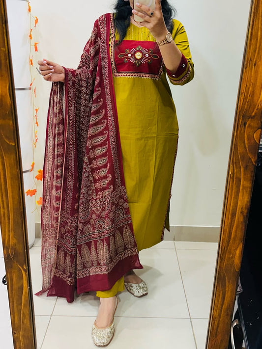 Elegant Cotton Kurta Set with Printed Dupatta