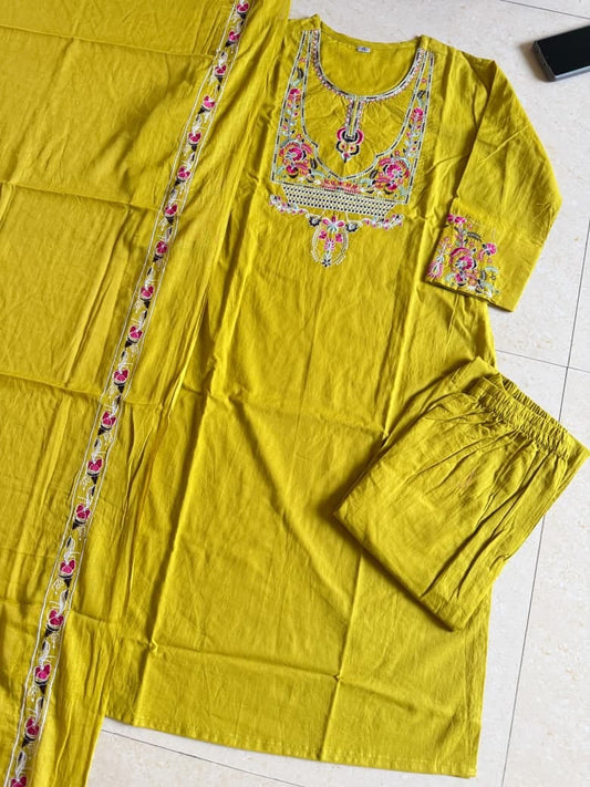 Designer Cotton Kurta Pant Dupatta Set