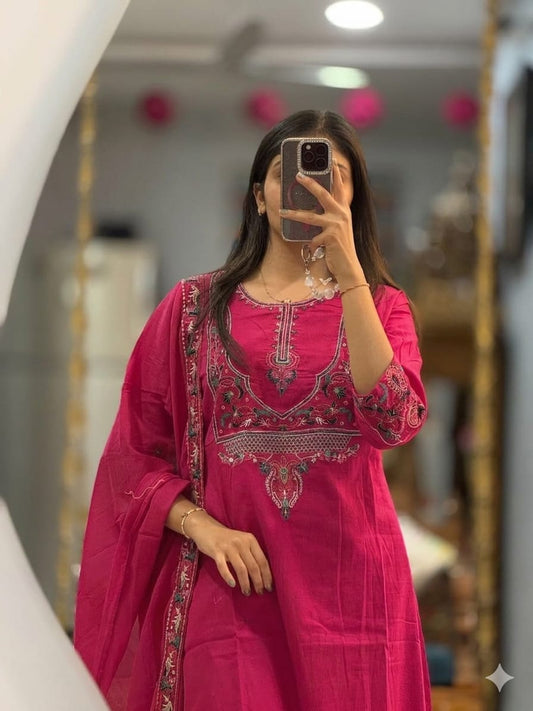 Designer Cotton Kurta Pant Dupatta Set