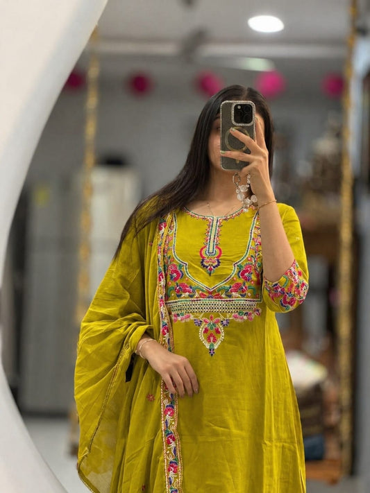 Designer Cotton Kurta Pant Dupatta Set