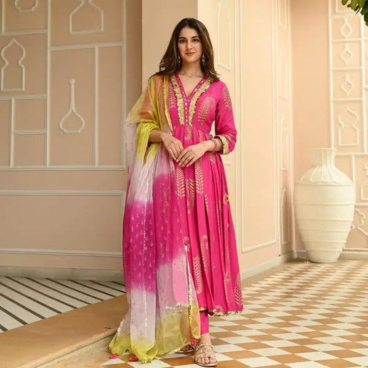 Pink Rayon Naira Cut Kurta Pant Set with Dupatta
