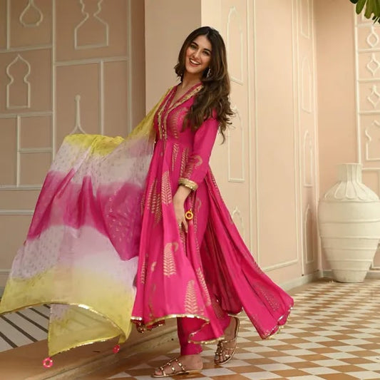 Pink Rayon Naira Cut Kurta Pant Set with Dupatta