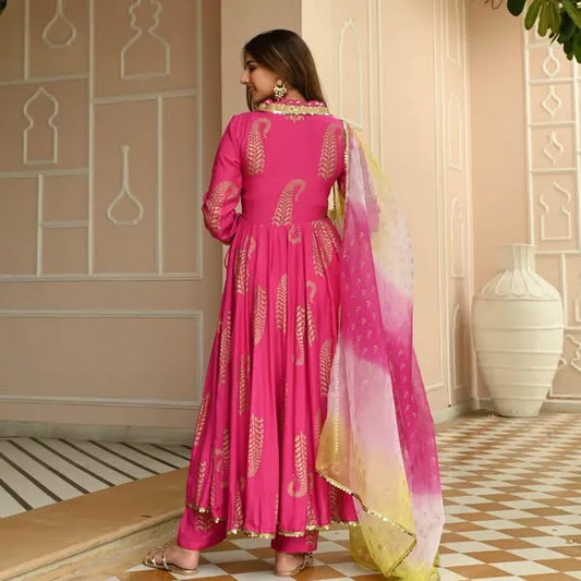 Pink Rayon Naira Cut Kurta Pant Set with Dupatta