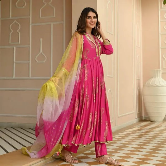 Pink Rayon Naira Cut Kurta Pant Set with Dupatta