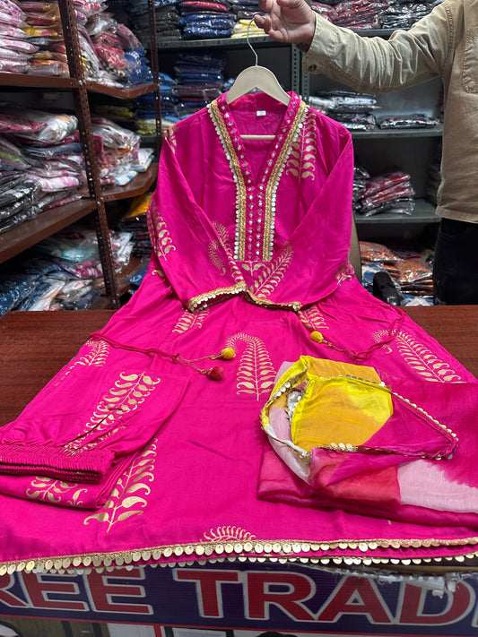 Pink Rayon Naira Cut Kurta Pant Set with Dupatta