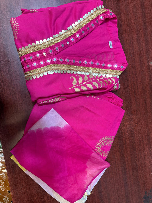 Pink Rayon Naira Cut Kurta Pant Set with Dupatta