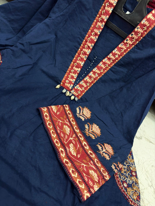 Cotton Kurti with Pant & Malmal Dupatta Set