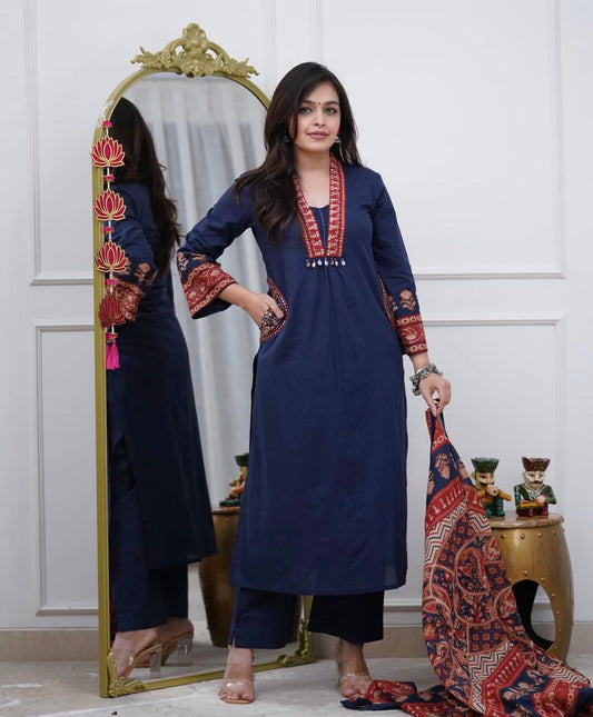 Cotton Kurti with Pant & Malmal Dupatta Set