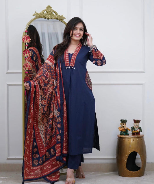 Cotton Kurti with Pant & Malmal Dupatta Set