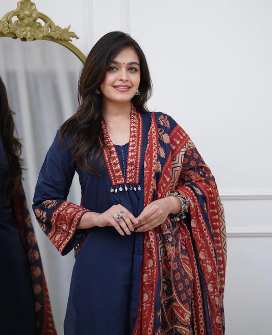 Cotton Kurti with Pant & Malmal Dupatta Set