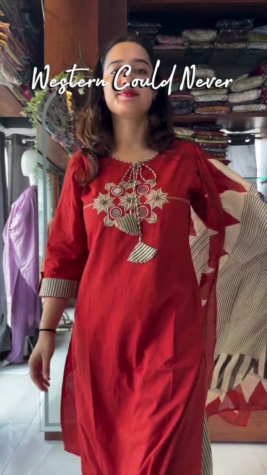 Embroidered Cotton Kurta Set with Dupatta