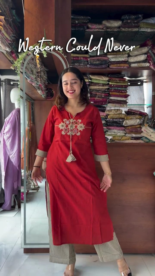 Embroidered Cotton Kurta Set with Dupatta
