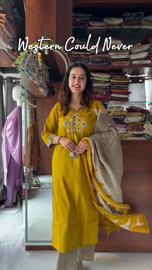Embroidered Cotton Kurta Set with Dupatta