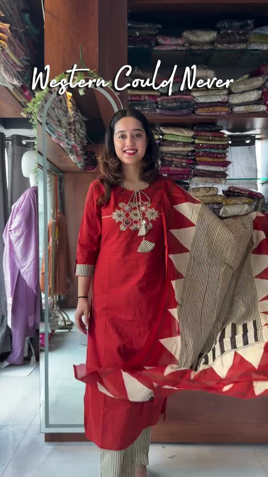 Embroidered Cotton Kurta Set with Dupatta