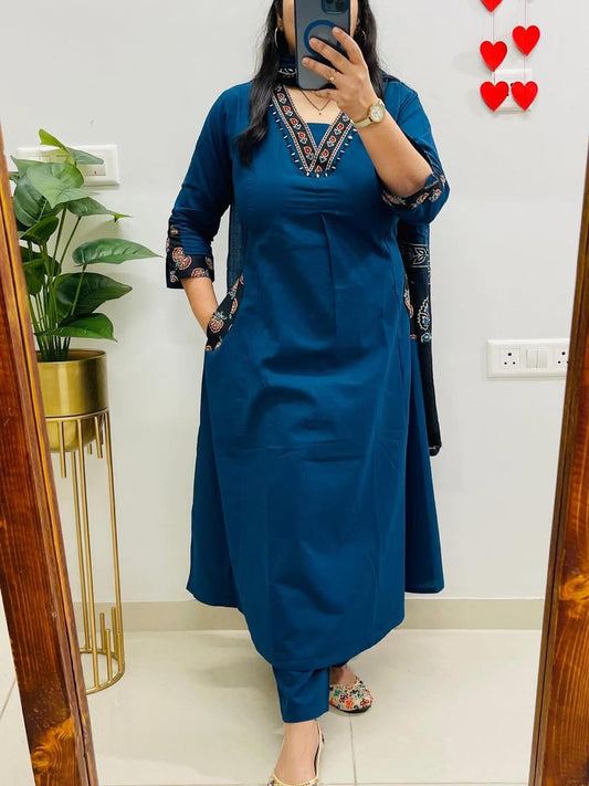 Pure Cotton Kurti, Pant & Dupatta Set