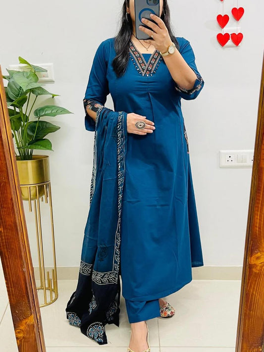 Pure Cotton Kurti, Pant & Dupatta Set