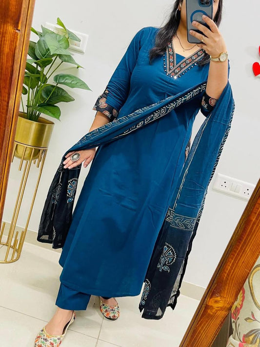 Pure Cotton Kurti, Pant & Dupatta Set