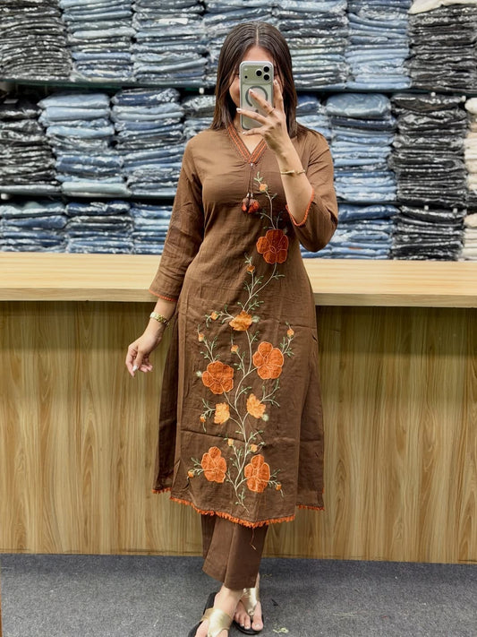 Pure Cotton Embroidered Kurti Pant & Dupatta Set