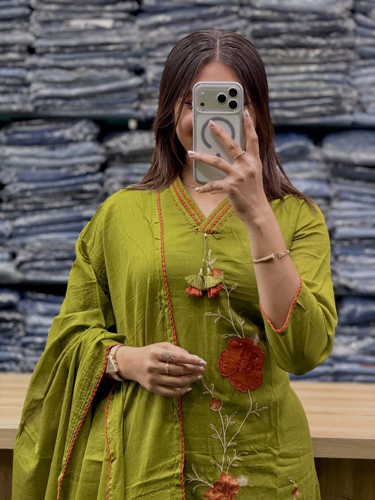 Pure Cotton Embroidered Kurti Pant & Dupatta Set