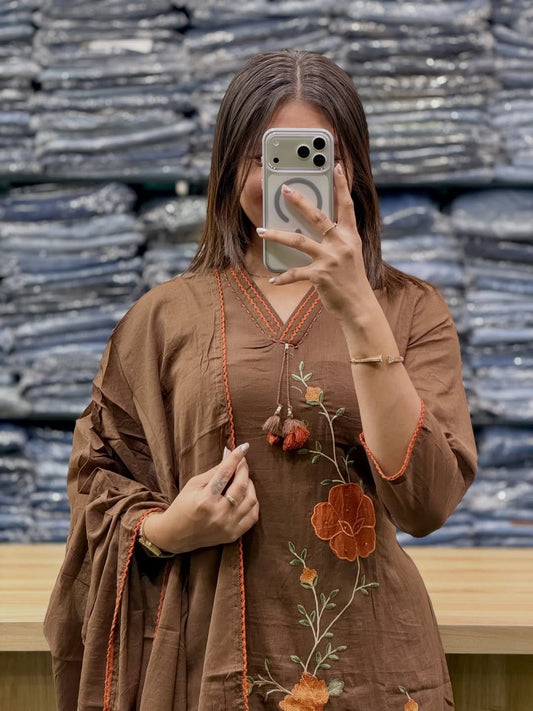 Pure Cotton Embroidered Kurti Pant & Dupatta Set