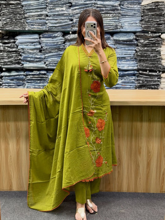 Pure Cotton Embroidered Kurti Pant & Dupatta Set