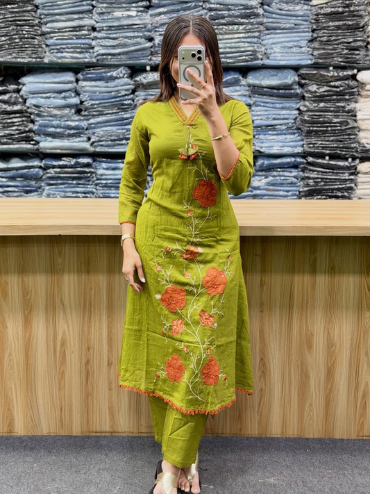 Pure Cotton Embroidered Kurti Pant & Dupatta Set