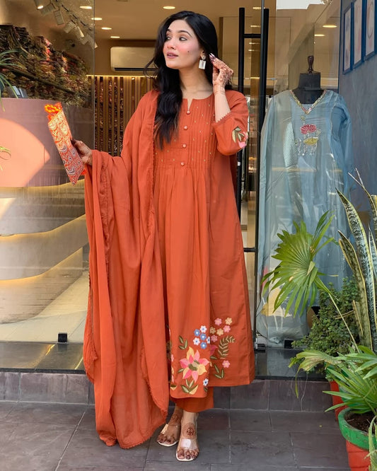 Pure Cotton Embroidered Kurti Pant Set with Malmal Dupatta