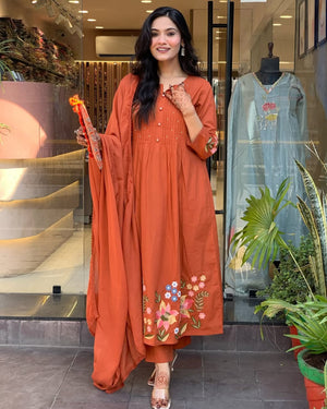 Pure Cotton Embroidered Kurti Pant Set with Malmal Dupatta