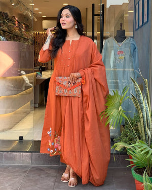 Pure Cotton Embroidered Kurti Pant Set with Malmal Dupatta