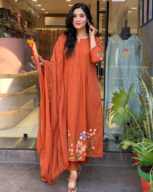 Pure Cotton Embroidered Kurti Pant Set with Malmal Dupatta