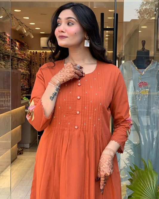 Pure Cotton Embroidered Kurti Pant Set with Malmal Dupatta