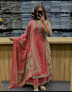 Hand Block Printed Cotton A-Line Kurti Palazzo Set