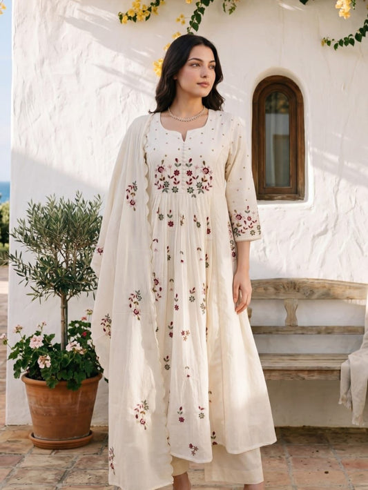 Cotton Embroidered Kurti Pant Set with Malmal Dupatta