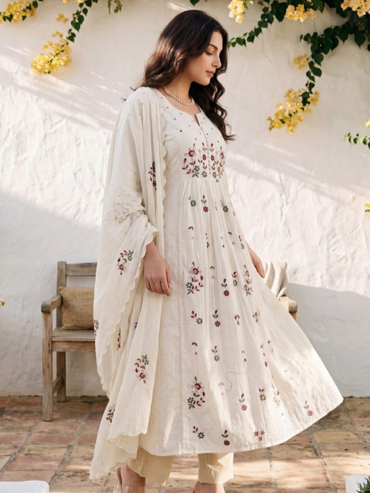Cotton Embroidered Kurti Pant Set with Malmal Dupatta