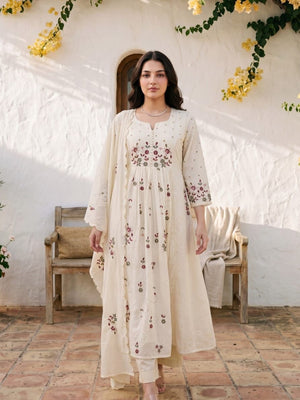 Cotton Embroidered Kurti Pant Set with Malmal Dupatta