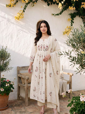Cotton Embroidered Kurti Pant Set with Malmal Dupatta