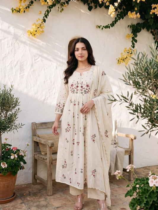Cotton Embroidered Kurti Pant Set with Malmal Dupatta