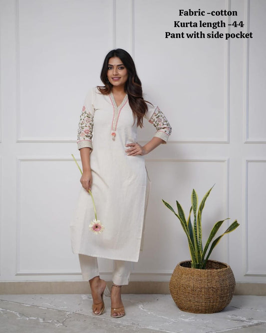 Cotton Embroidered Straight Kurta Pant Set with Tassel Detailing