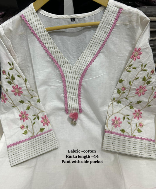 Cotton Embroidered Straight Kurta Pant Set with Tassel Detailing