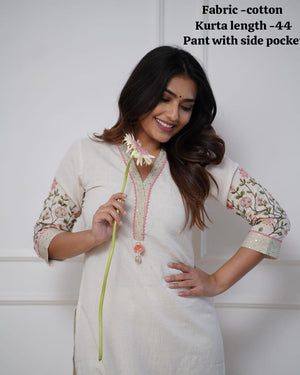 Cotton Embroidered Straight Kurta Pant Set with Tassel Detailing