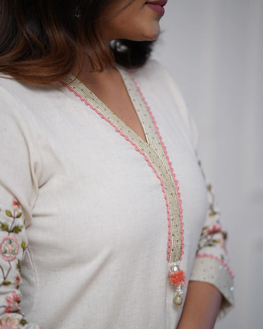 Cotton Embroidered Straight Kurta Pant Set with Tassel Detailing