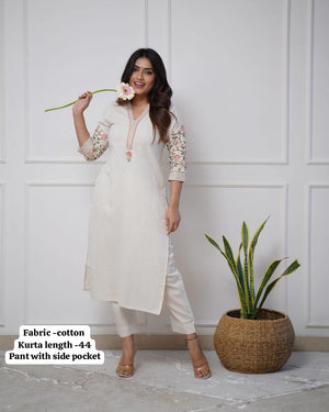 Cotton Embroidered Straight Kurta Pant Set with Tassel Detailing